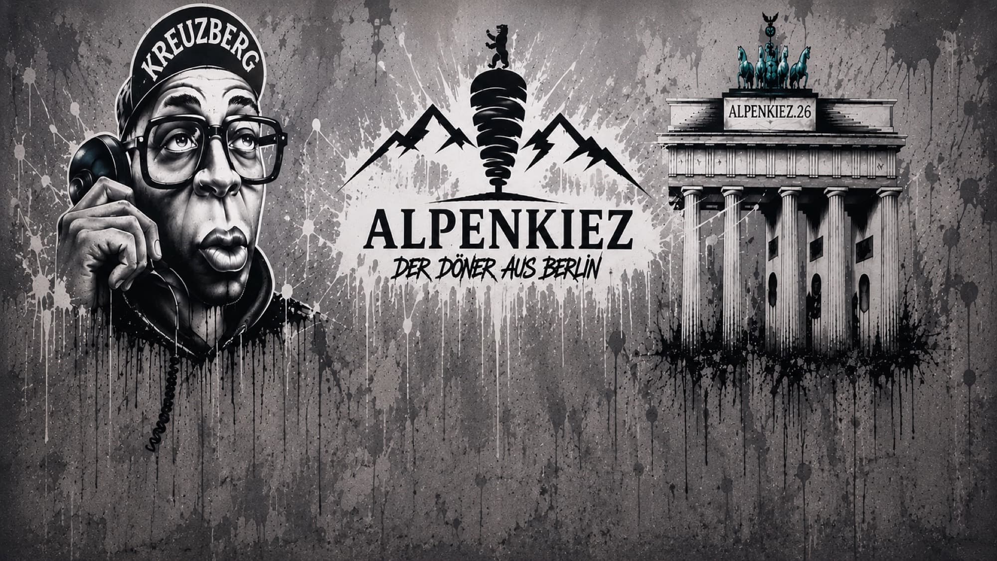 Wandbild mit dem Alpenkiez-Zeichen: Kreuzberg, Dönerspiess, Brandenburger Tor